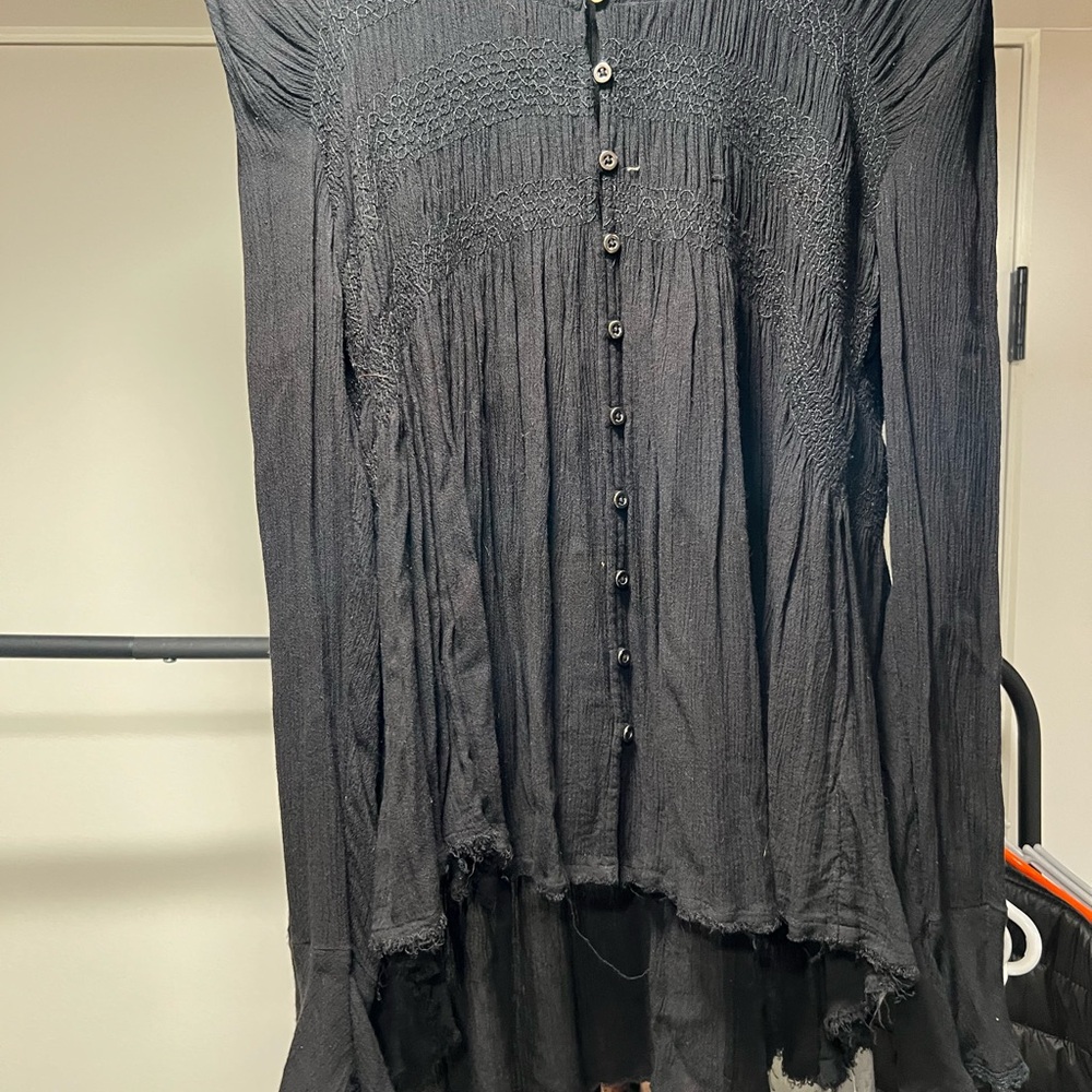 Free People Black Gauzy Button-Front Boho Tunic